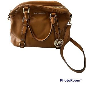 Michael Kors Acorn soft pebbled leather satchel with gold hanging logo charm